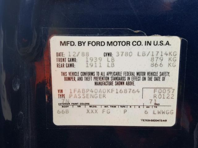 1FABP40A0KF168764 - 1989 FORD MUSTANG LX BLUE photo 10