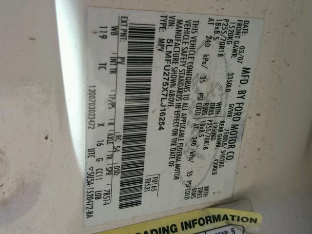 5LMFU275X7LJ16254 - 2007 LINCOLN NAVIGATOR Beyaz fotoğraf 10