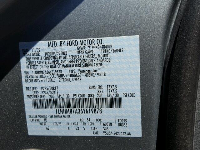 1LNHM87A36Y619878 - 2006 LINCOLN LS 银色 照片 10