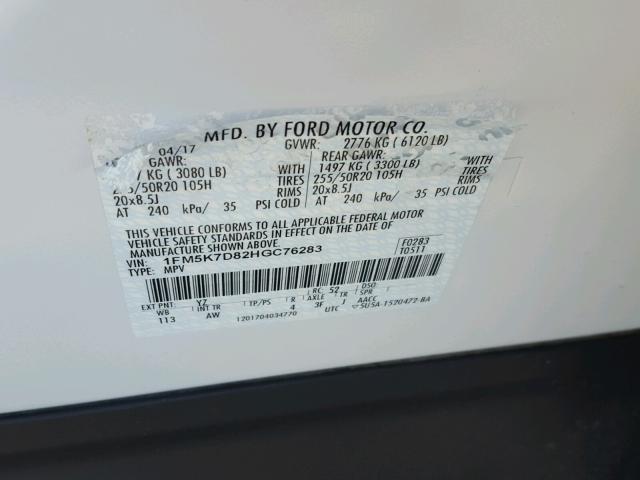 1FM5K7D82HGC76283 - 2017 FORD EXPLORER X WHITE photo 10