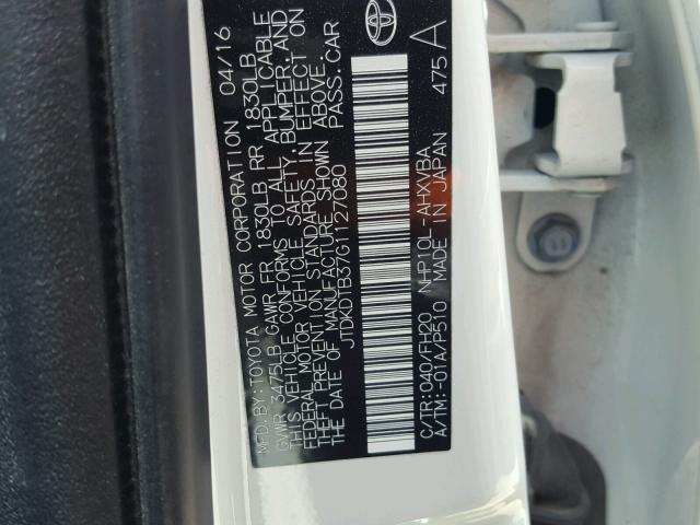 JTDKDTB37G1127080 - 2016 TOYOTA PRIUS C WHITE photo 10