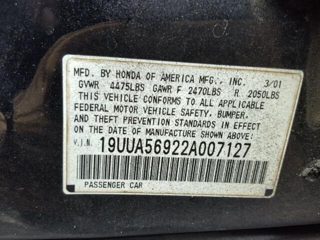 19UUA56922A007127 - 2002 ACURA 3.2TL TYPE BLACK photo 10