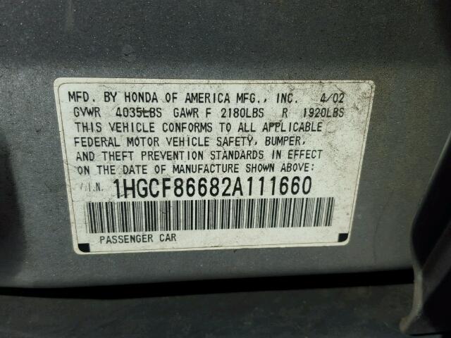 1HGCF86682A111660 - 2002 HONDA ACCORD SILVER photo 10