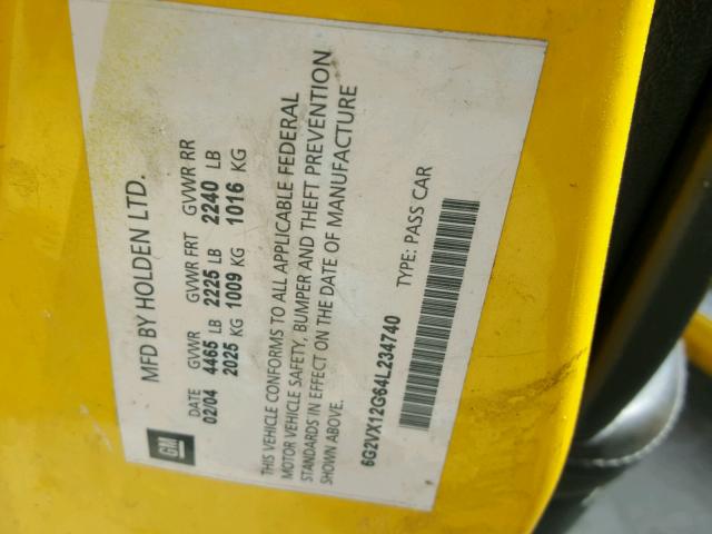 6G2VX12G64L234740 - 2004 PONTIAC GTO YELLOW photo 10