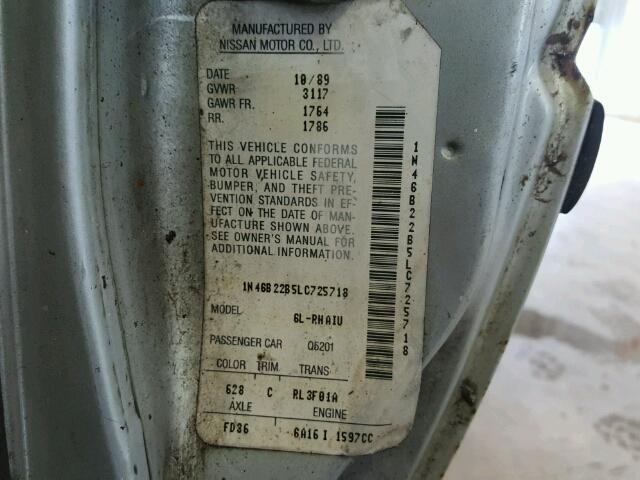 1N4GB22B5LC725718 - 1990 NISSAN SENTRA GRAY photo 10