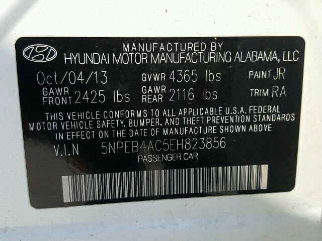 5NPEB4AC5EH823856 - 2014 HYUNDAI SONATA GLS WHITE photo 10