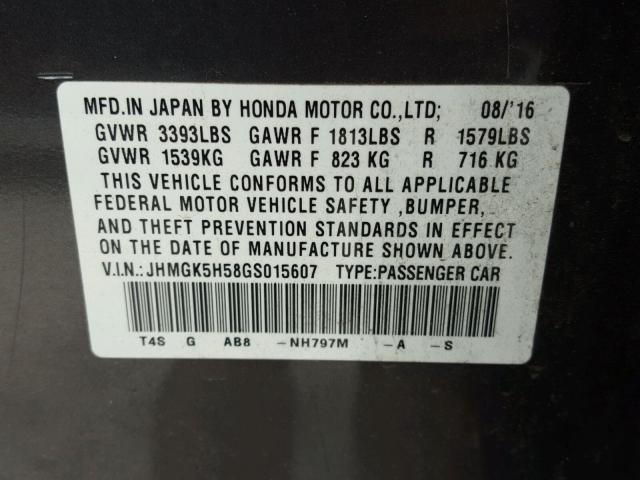 JHMGK5H58GS015607 - 2016 HONDA FIT LX CHARCOAL photo 10