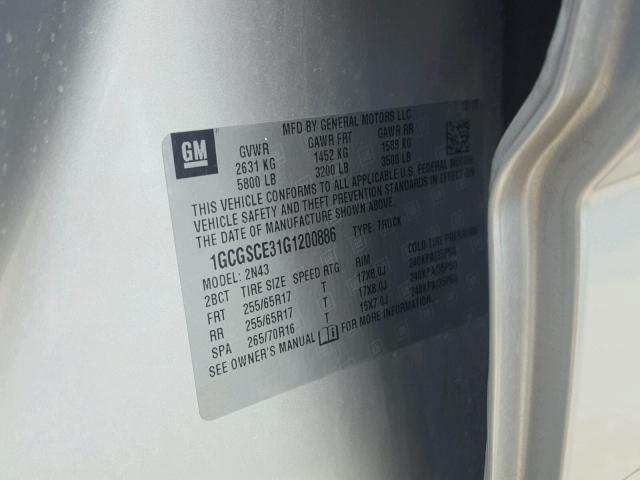 1GCGSCE31G1200886 - 2016 CHEVROLET COLORADO L SILVER photo 10