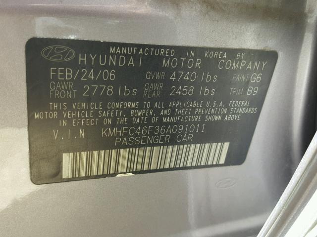 KMHFC46F36A091011 - 2006 HYUNDAI AZERA SE GRAY photo 10