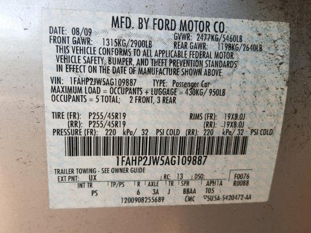 1FAHP2JW5AG109887 - 2010 FORD TAURUS LIM SILVER photo 10