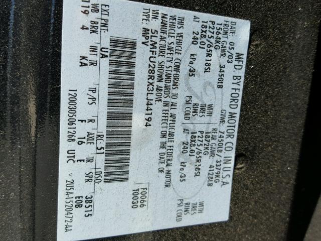 5LMFU28RX3LJ44194 - 2003 LINCOLN NAVIGATOR Czarny zdjęcie 10