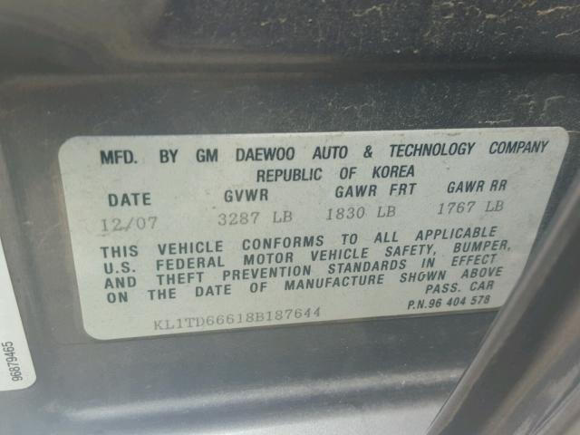 KL1TD66618B187644 - 2008 CHEVROLET AVEO BASE Արծաթագույն լուսանկար 10