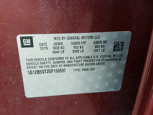 1G1ZB5ST2GF190597 - 2016 CHEVROLET MALIBU მუქწითელი ფოტო 10