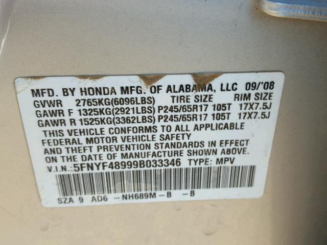 5FNYF48999B033346 - 2009 HONDA PILOT TOUR SILVER photo 10