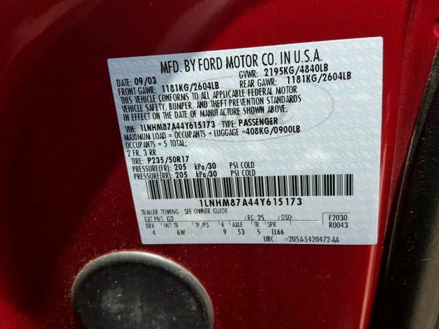 1LNHM87A44Y615173 - 2004 LINCOLN LS Qırmızı foto 10