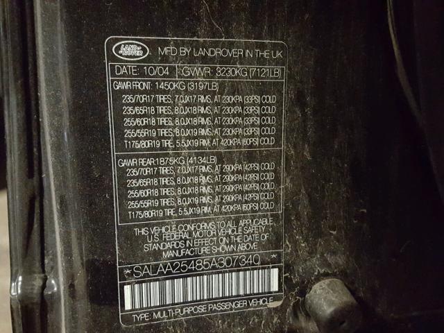 SALAA25485A307340 - 2005 LAND ROVER LR3 BLACK photo 10