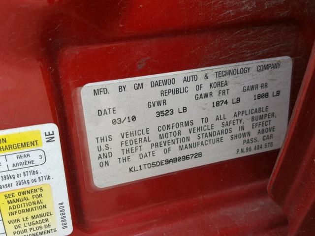 KL1TD5DE9AB096728 - 2010 CHEVROLET AVEO LS RED photo 10