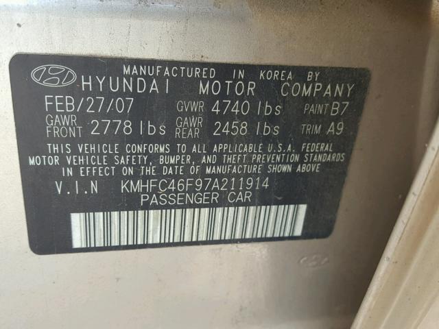 KMHFC46F97A211914 - 2007 HYUNDAI AZERA SE BEIGE photo 10