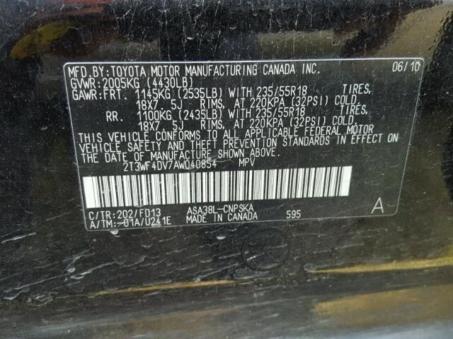 2T3WF4DV7AW040854 - 2010 TOYOTA RAV4 BLACK photo 10