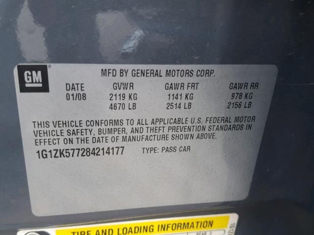 1G1ZK577284214177 - 2008 CHEVROLET MALIBU LTZ ნაცრისფერი ფოტო 10