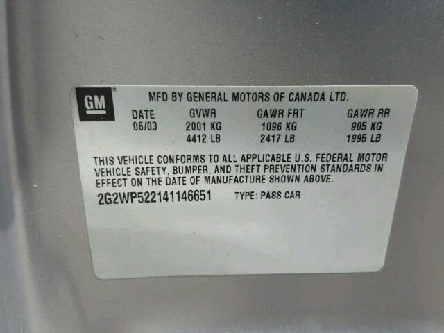 2G2WP522141146651 - 2004 PONTIAC GRAND PRIX SILVER photo 10