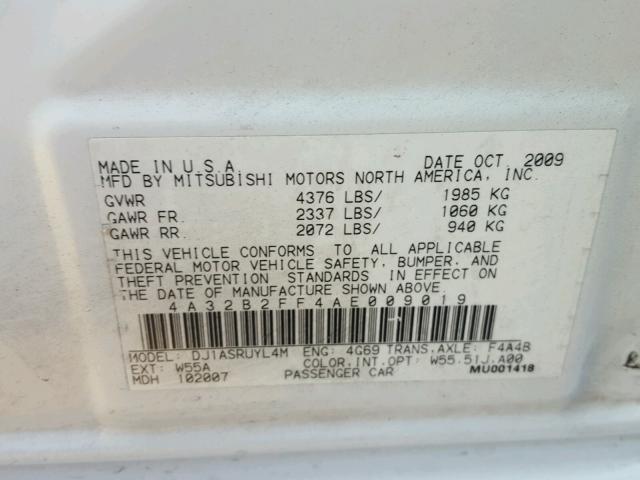 4A32B2FF4AE009019 - 2010 MITSUBISHI GALANT FE WHITE photo 10