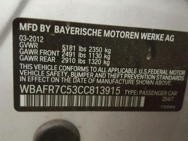 WBAFR7C53CC813915 - 2012 BMW 535 I SILVER photo 10