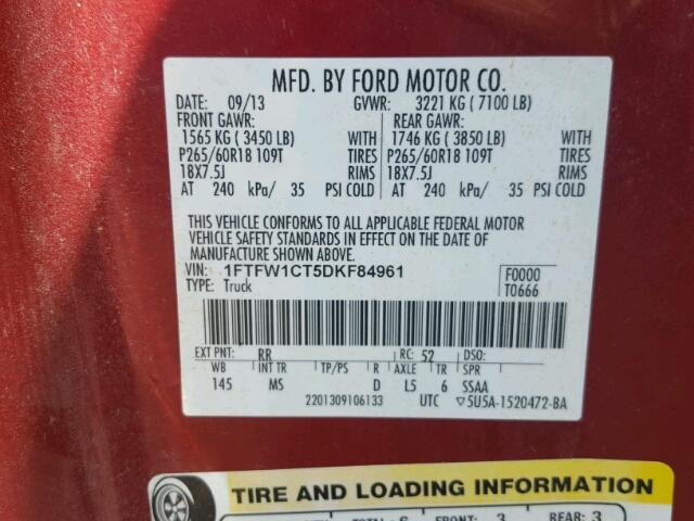 1FTFW1CT5DKF84961 - 2013 FORD F150 BURGUNDY photo 10