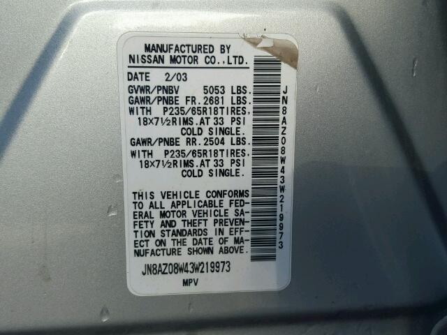 JN8AZ08W43W219973 - 2003 NISSAN MURANO SILVER photo 10