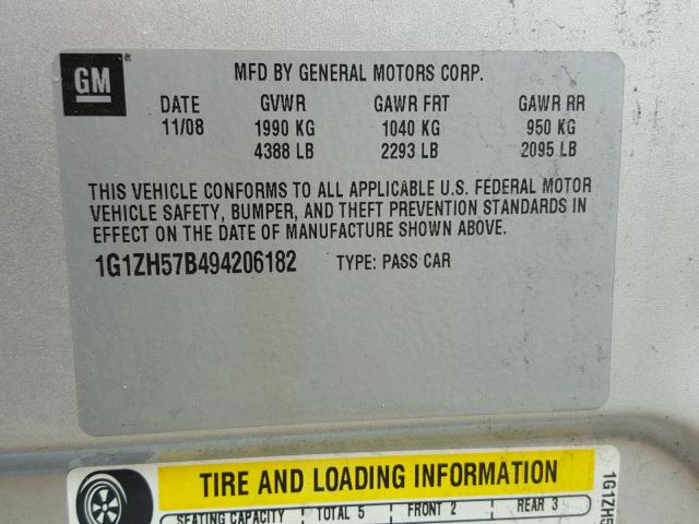 1G1ZH57B494206182 - 2009 CHEVROLET MALIBU 1LT SILVER photo 10