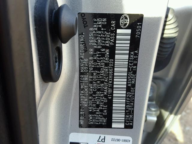 4T1BF1FKXHU667020 - 2017 TOYOTA CAMRY LE SILVER photo 10