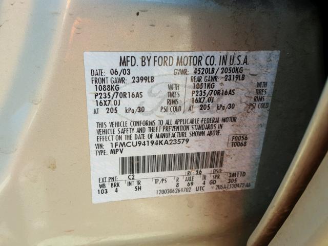 1FMCU94194KA23579 - 2004 FORD ESCAPE LIM GOLD photo 10