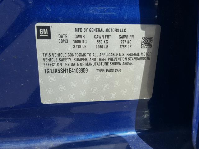 1G1JA5SH1E4108959 - 2014 CHEVROLET SONIC LS BLUE photo 10