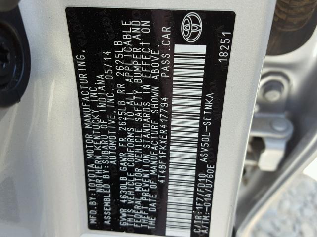 4T4BF1FKXER417794 - 2014 TOYOTA CAMRY L GRAY photo 10