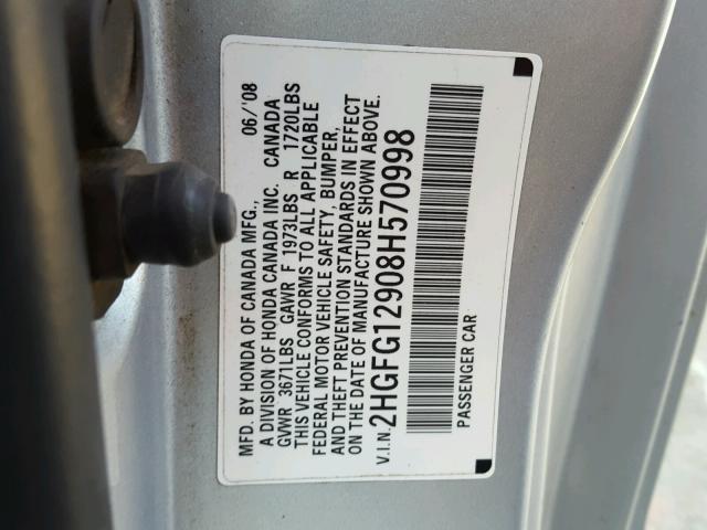 2HGFG12908H570998 - 2008 HONDA CIVIC EXL 银色 照片 10