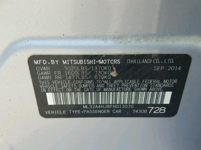 ML32A4HJ8FH013070 - 2015 MITSUBISHI MIRAGE ES SILVER photo 10