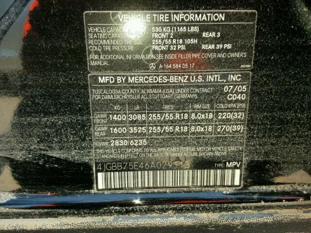 4JGBB75E46A029113 - 2006 MERCEDES-BENZ ML 500 BLACK photo 10