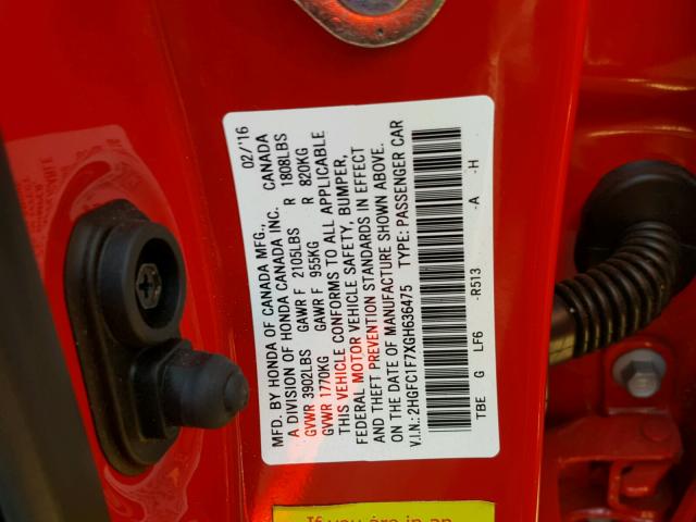 2HGFC1F7XGH636475 - 2016 HONDA CIVIC EXL Qırmızı foto 10