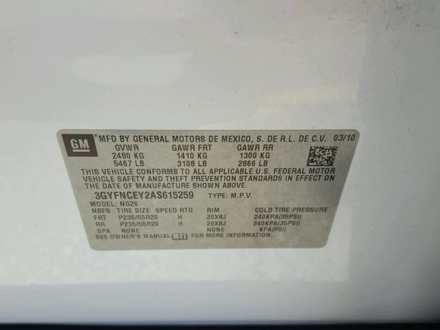 3GYFNCEY2AS615259 - 2010 CADILLAC SRX PREMIU WHITE photo 10