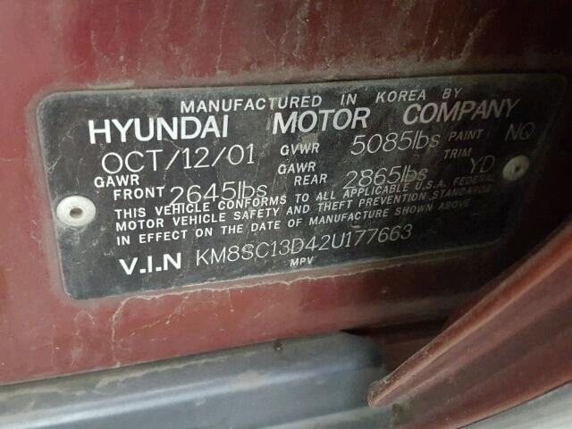 KM8SC13D42U177663 - 2002 HYUNDAI SANTA FE G BURGUNDY photo 10