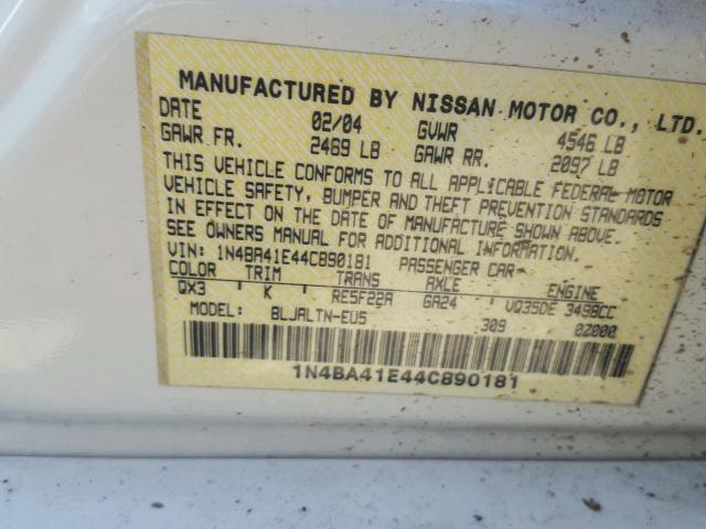 1N4BA41E44C890181 - 2004 NISSAN MAXIMA SE WHITE photo 10