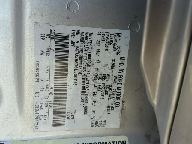 5LMFU28506LJ20715 - 2006 LINCOLN NAVIGATOR Srebrny zdjęcie 10