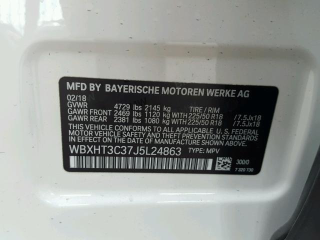 WBXHT3C37J5L24863 - 2018 BMW X1 XDRIVE2 Blanco foto 10