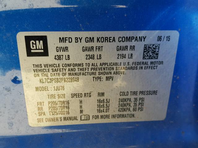 KL7CJPSB2FB228948 - 2015 CHEVROLET TRAX 1LS BLUE photo 10