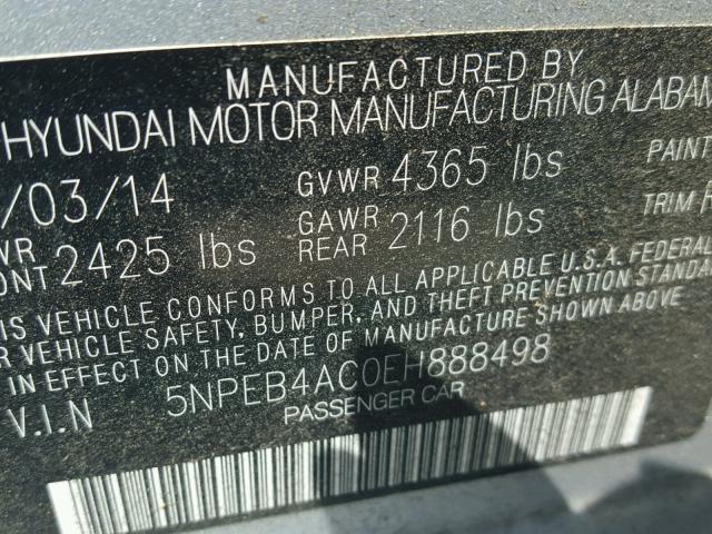 5NPEB4AC0EH888498 - 2014 HYUNDAI SONATA GLS SILVER photo 10