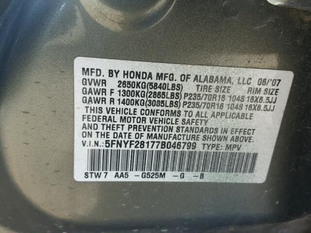 5FNYF28177B046799 - 2007 HONDA PILOT LX GREEN photo 10