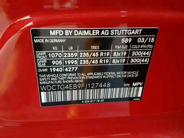 WDCTG4EB9FJ127448 - 2015 MERCEDES-BENZ GLA RED photo 10