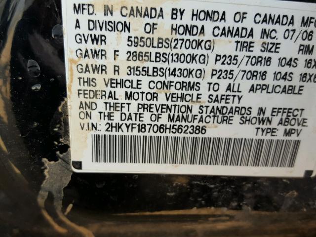 2HKYF18706H562386 - 2006 HONDA PILOT EX BLACK photo 10