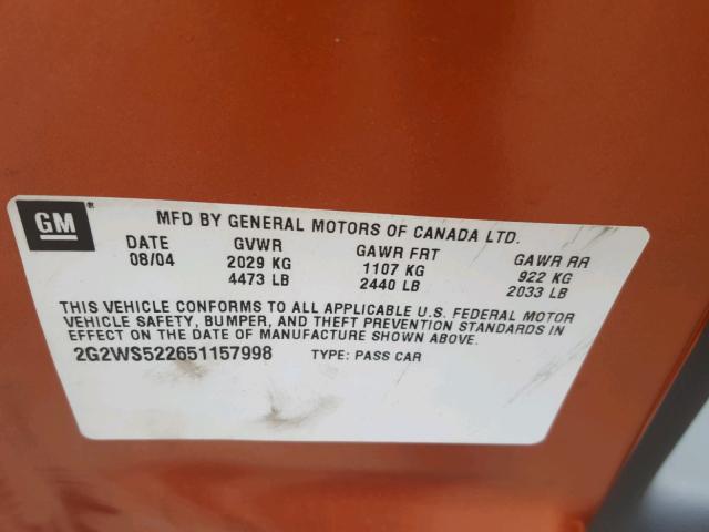 2G2WS522651157998 - 2005 PONTIAC GRAND PRIX Қызғылт сары фото 10