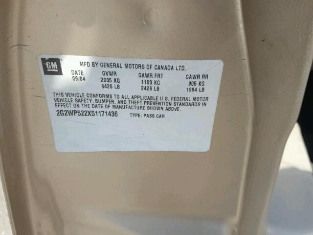 2G2WP522X51171436 - 2005 PONTIAC GRAND PRIX GOLD photo 10